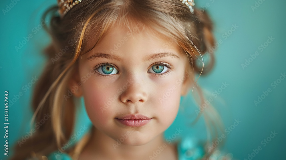 A girl in a princess crown dreamily looks up at a smooth blue background copy space A girl in a princess crown dreamily looks up at a smooth blue background copy space
