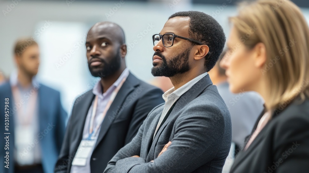 Global business executives attending an international conference, discussing the future of global commerce and business innovation Global business executives attending an international conference, discussing the future of global commerce and business innovation