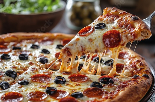 Hot pepperoni pizza with olives being served fresh from the oven at a cozy re...