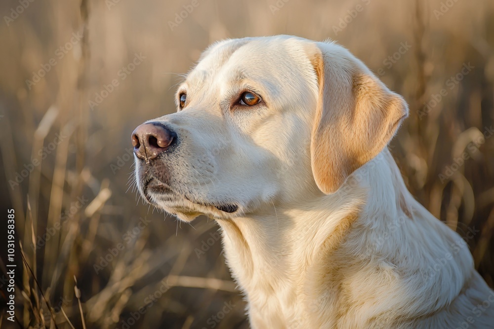 Gentle Labrador gazing thoughtfully in a golden wheat field during golden hour Gentle Labrador gazing thoughtfully in a golden wheat field during golden hour