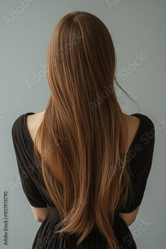 A person with long black hair in a ponytail poses in a dark dress against a plain background