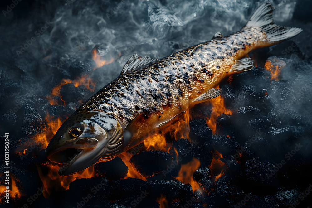 Baked fish on the grill with fire. Grilled fish commercial advertising photo Baked fish on the grill with fire. Grilled fish commercial advertising photo