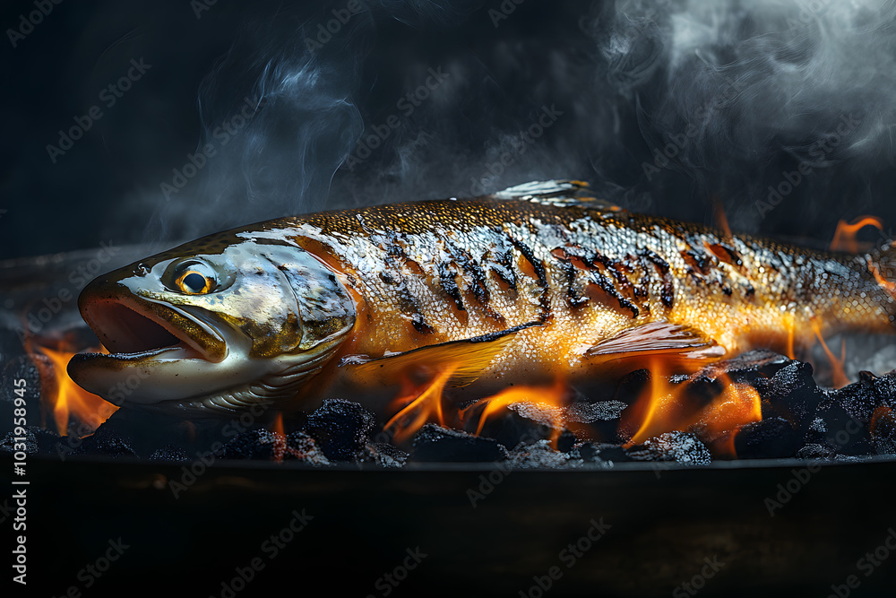 Baked fish on the grill with fire. Grilled fish commercial advertising photo Baked fish on the grill with fire. Grilled fish commercial advertising photo