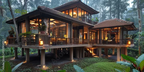 Fototapeta A stunning architectural masterpiece showcasing a modern elevated home enveloped by lush greenery in a serene forest environment at dusk