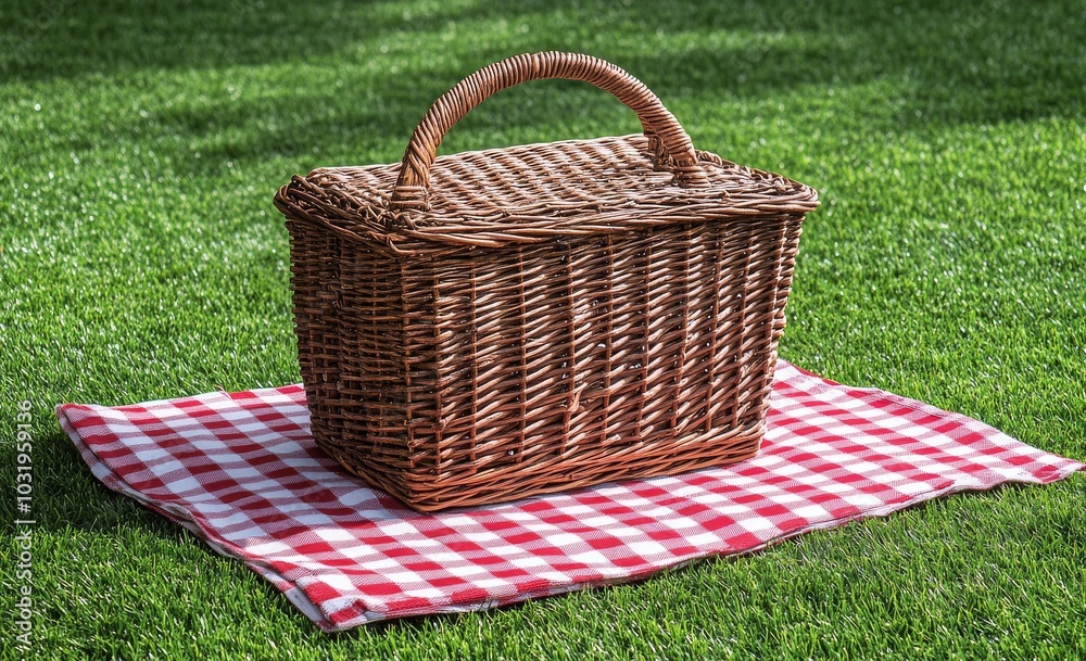 A rustic picnic basket placed on a red checkered blanket in a sunny park A rustic picnic basket placed on a red checkered blanket in a sunny park