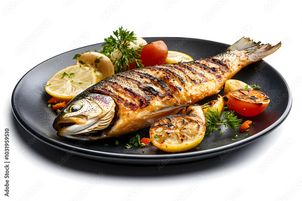 Grilled trout fish isolated on white background Grilled trout fish isolated on white background