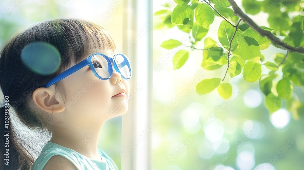 Young child wearing blue glasses focusing on distant tree outside window, symbolizing myopia prevention and importance of outdoor activities. Young child wearing blue glasses focusing on distant tree outside window, symbolizing myopia prevention and importance of outdoor activities.