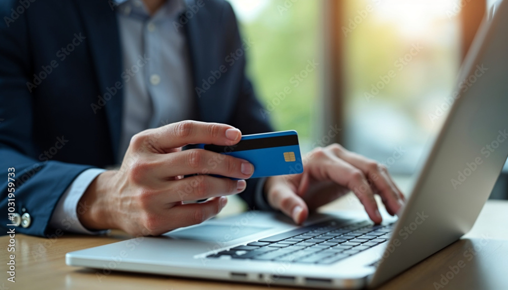 Businessman holding credit card and typing on laptop for online shopping and payment makes a purchase on the Internet, Online payment, Business financial and technology Businessman holding credit card and typing on laptop for online shopping and payment makes a purchase on the Internet, Online payment, Business financial and technology