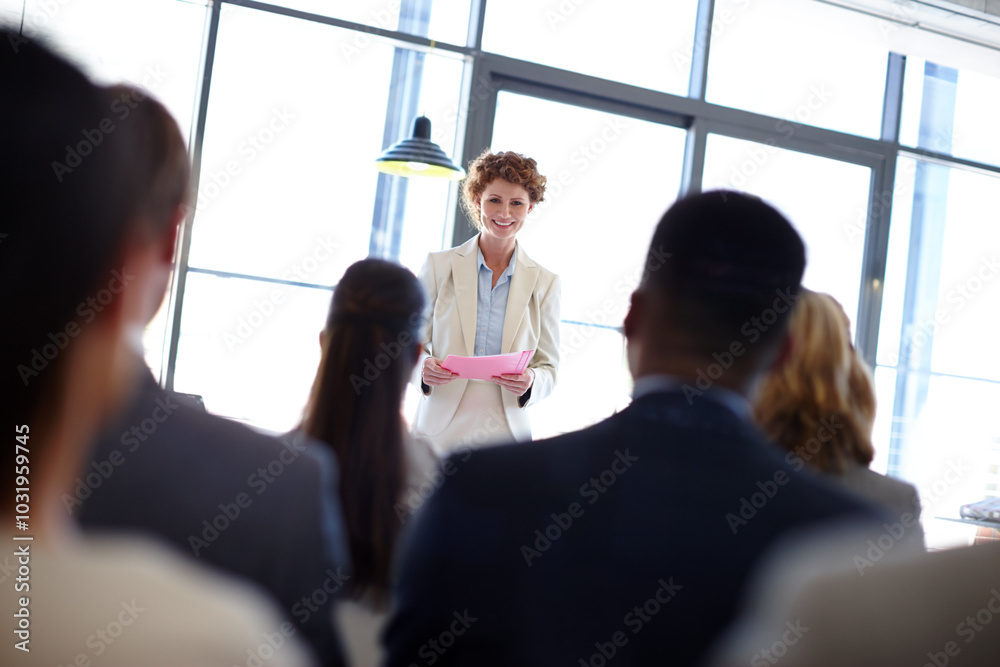 Meeting, speaker and woman with business people in conference, tradeshow and presentation. Corporate, professional audience and men and women in office for seminar training, workshop and convention Meeting, speaker and woman with business people in conference, tradeshow and presentation. Corporate, professional audience and men and women in office for seminar training, workshop and convention