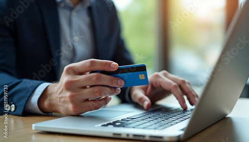 Businessman holding credit card and typing on laptop for online shopping and payment makes a purchase on the Internet, Online payment, Business financial and technology