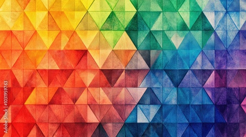 Abstract geometric background of rainbow-threaded equilateral triangles, layered from edge to center, repeating to create a mesmerizing pattern