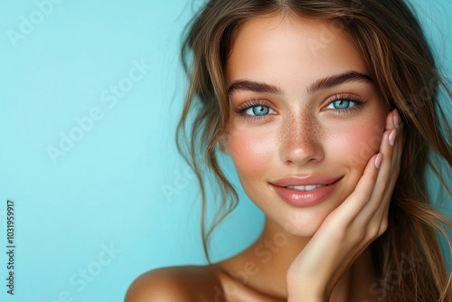 Beautiful young European woman with perfect skin touching her cheeks, enjoy new cosmetic products or treatment, posing over blue background, Generative AI