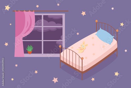 Kids night bedroom. Interior of night children room with bed, pillow, toy on bed, window with curtains and home plant on windowsill. Cute cartoon vector illustration on purple background with stars.