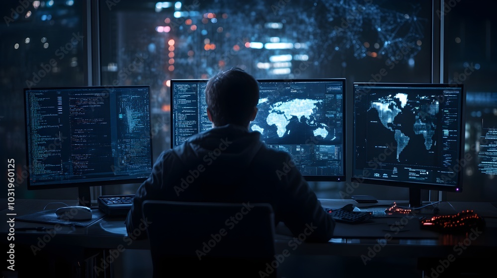 Cybersecurity Specialist Analyzing Digital Data and Information on Multiple Screens