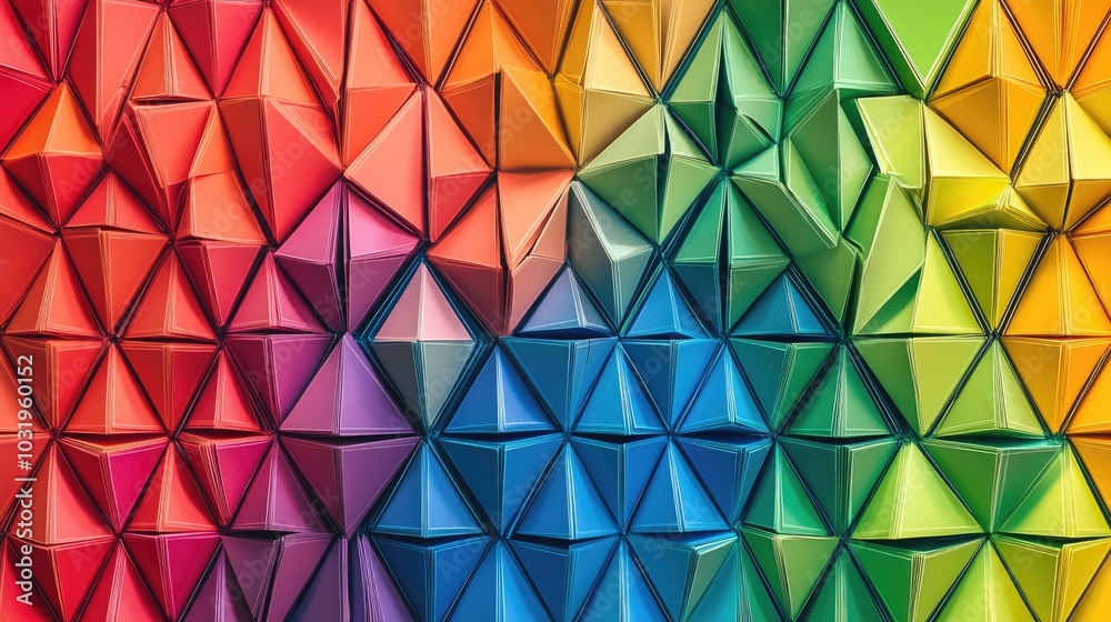 Vibrant background of rainbow-threaded equilateral triangles, layered from edge to center and repeated, creating a striking geometric pattern Vibrant background of rainbow-threaded equilateral triangles, layered from edge to center and repeated, creating a striking geometric pattern