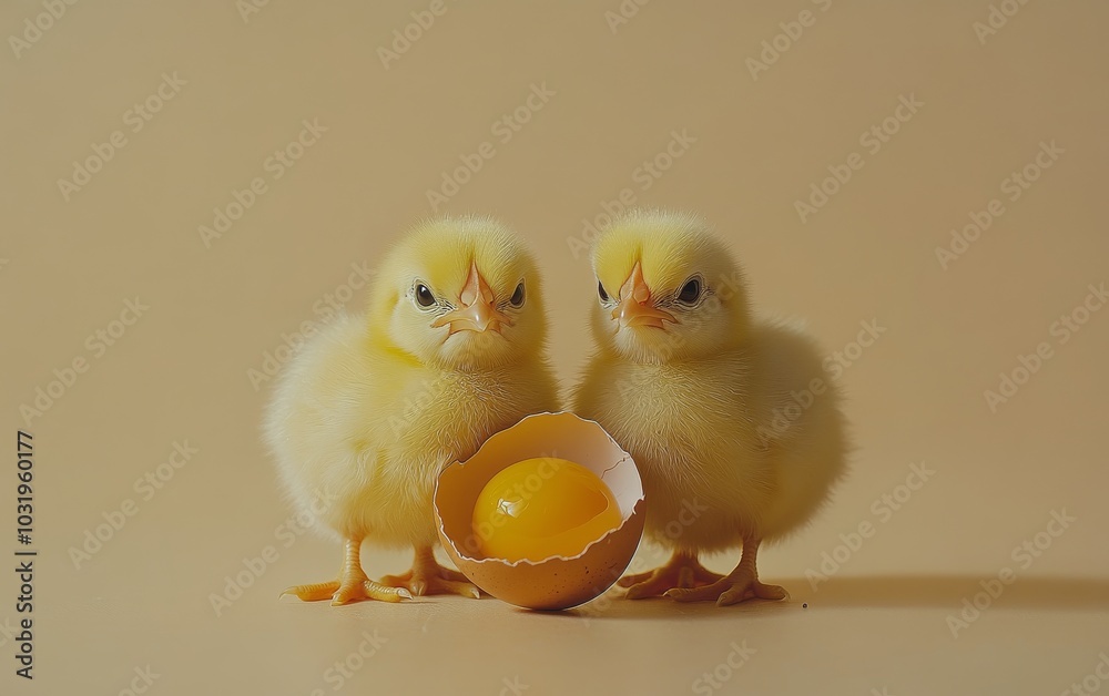 Two adorable newly hatched chicks sitting beside an eggshell in a cozy setting Two adorable newly hatched chicks sitting beside an eggshell in a cozy setting