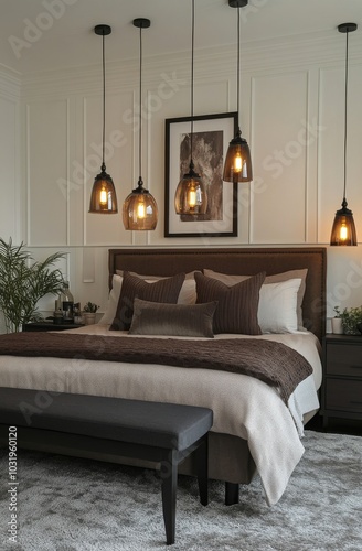 Cozy and modern bedroom featuring elegant decor, soft lighting, and stylish f...