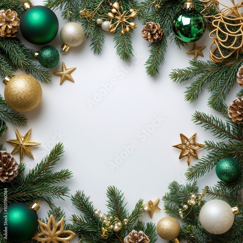 Festive arrangement of green and gold ornaments with pine branches for holida...