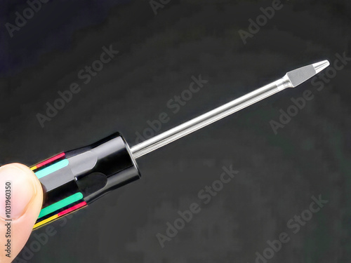 A person is holding a screwdriver with a black handle and a silver tip. The screwdriver is pointed and ready to be used