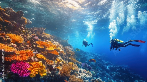 Scuba divers exploring vibrant coral reefs and underwater caves, encountering marine life in a thrilling deep-sea adventure photo