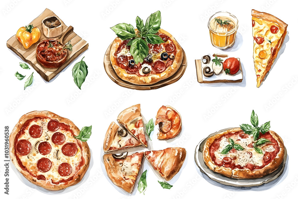 Watercolor collection of Italian food isolated on white background Watercolor collection of Italian food isolated on white background
