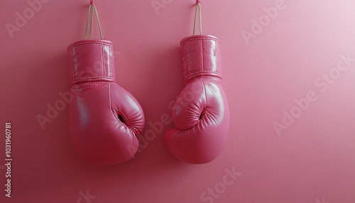 A vibrant pink boxing glove resting against a pastel pink wall in creative li...