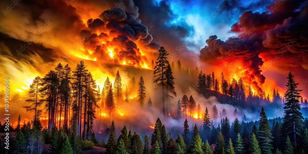 Night Photography of Forest Fire Destruction Illuminating Environmental Consequences, Smoke and Ashes, Impact on Wildlife and Ecosystem Recovery, Flames Against Dark Sky, Nature's Fury Night Photography of Forest Fire Destruction Illuminating Environmental Consequences, Smoke and Ashes, Impact on Wildlife and Ecosystem Recovery, Flames Against Dark Sky, Nature's Fury