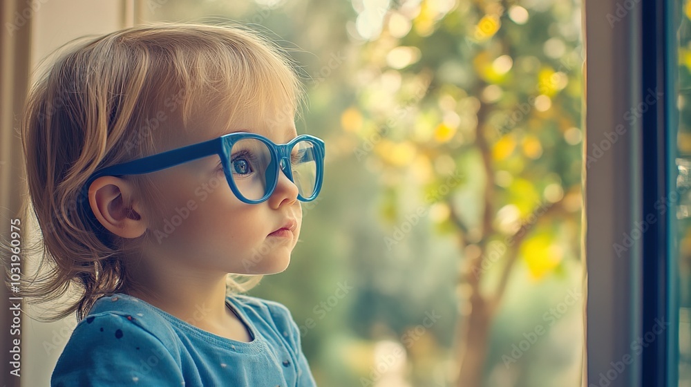 Young child wearing blue glasses focusing on distant tree outside window, symbolizing myopia prevention and importance of outdoor activities. Young child wearing blue glasses focusing on distant tree outside window, symbolizing myopia prevention and importance of outdoor activities.