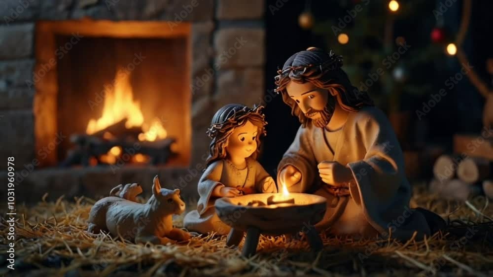 A statue of father and son near fireplace in Christmas A statue of father and son near fireplace in Christmas