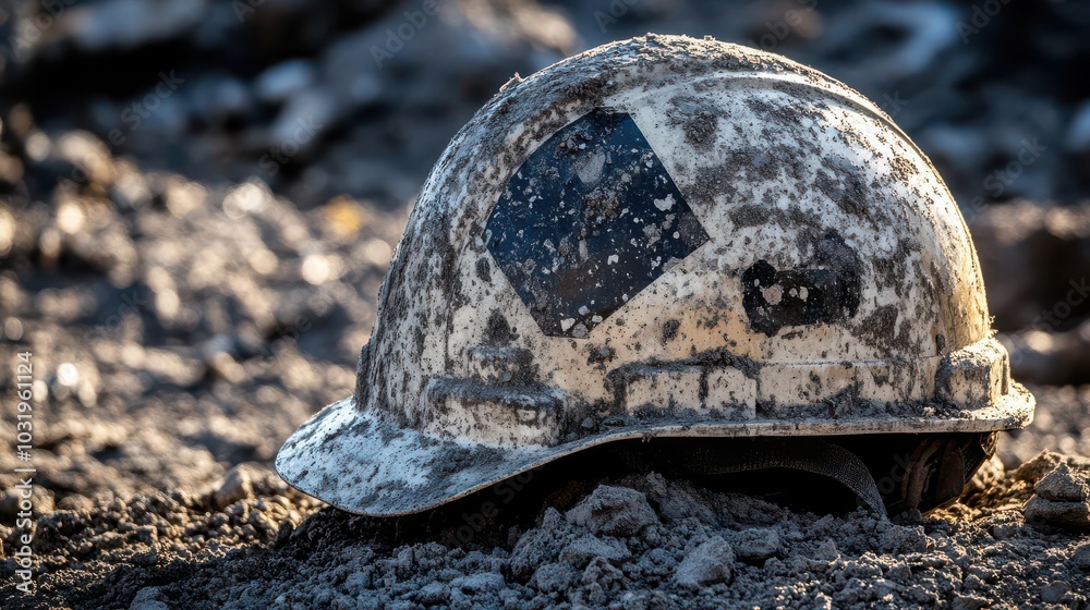 Fototapeta premium Dust-covered safety helmet resting on a job site, symbolizing hard work and constant vigilance, worksite protection, preparedness through adversity