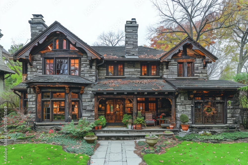 Charming two-story rustic stone house surrounded by vibrant autumn foliage, featuring intricate wooden detailing and a welcoming front porch Charming two-story rustic stone house surrounded by vibrant autumn foliage, featuring intricate wooden detailing and a welcoming front porch