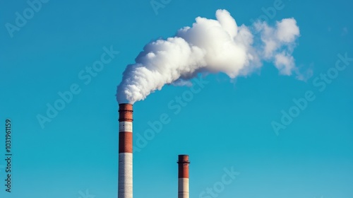 Industrial chimneys emitting smoke against clear blue sky