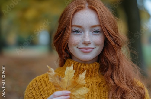 A red haired woman holding a yellow leaf in a vibrant autumn park on a sunny day