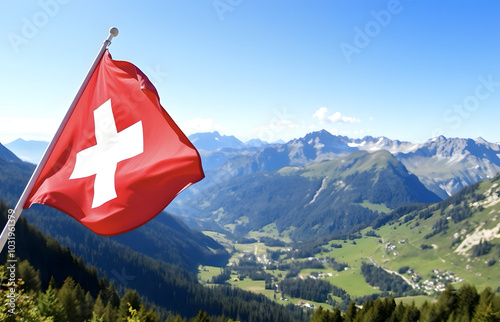 Swiss flag against mountain landscape. Panorama with waving red Swiss flag. Celebration of Swiss National Day. Travel, holiday and tourism concept. photo