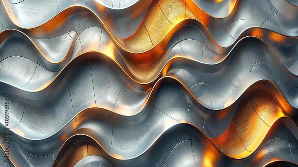 Abstract metallic waves with silver and orange hues creating a dynamic visual texture. Abstract metallic waves with silver and orange hues creating a dynamic visual texture.