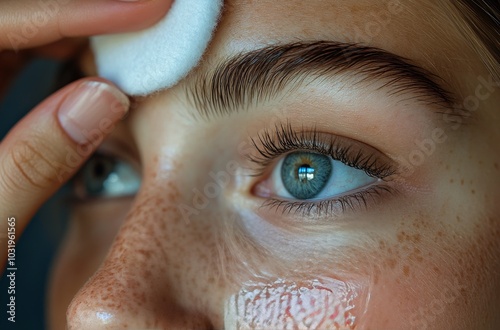 A young woman applies toner to her skin using a cotton pad in natural light a...