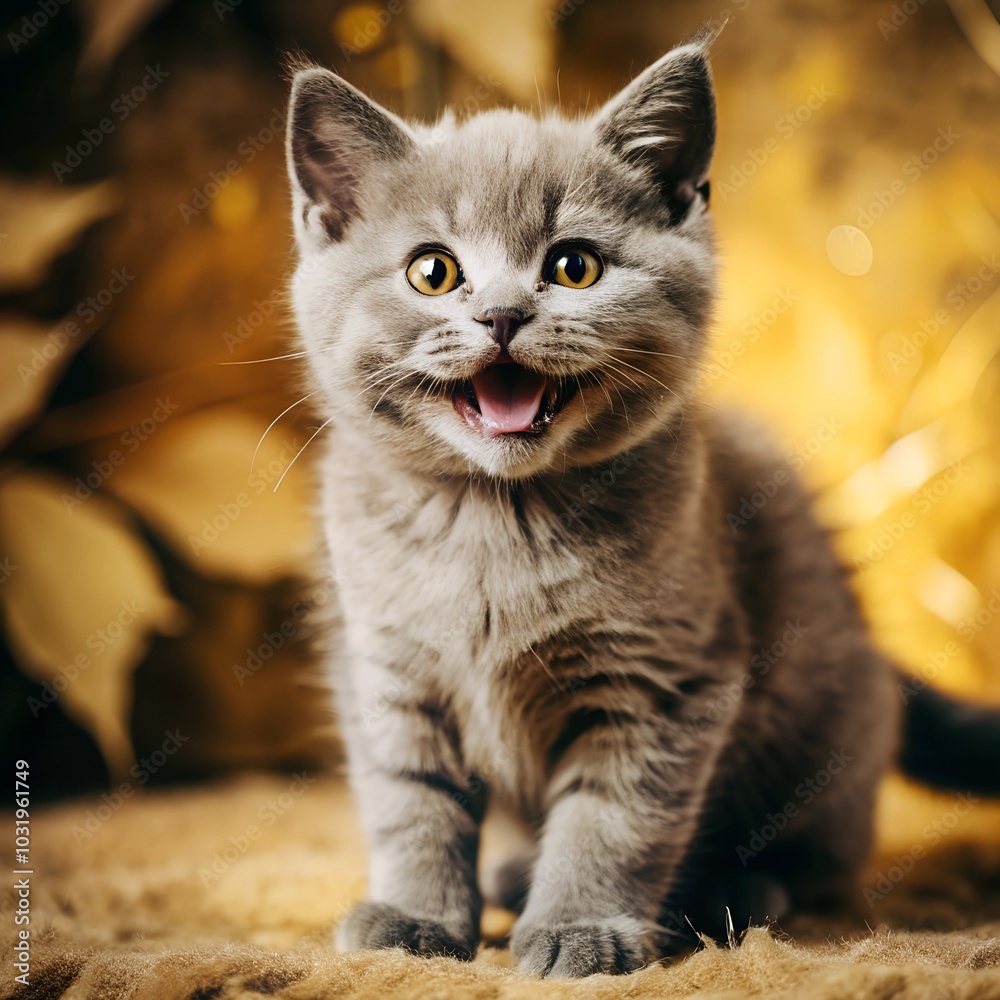 Obraz premium Joyful gray british shorthair kitten on vibrant yellow background