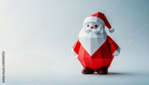 Polygonal Santa Claus sculpture in red and white against a minimalistic backg...