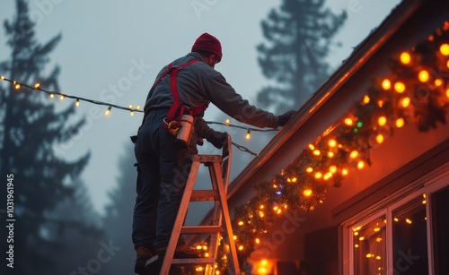 A person hangs festive lights on a house roof during early evening in a fores...