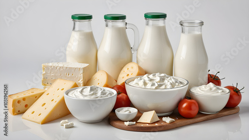 Assortment Of Dairy Products On The White Background. AI generated image, ai.