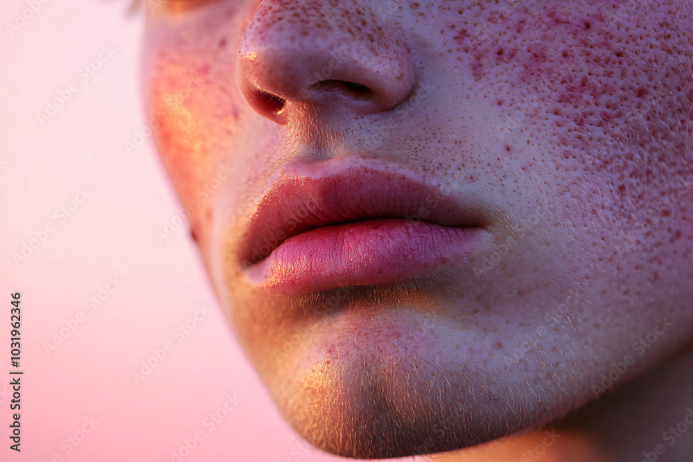 Fototapeta premium Closeup girl face with red pimples, inflammation on face and problem skin. Acne rosacea and couperose therapy. Facial treatment skincare routine and hygiene Cosmetic and beauty banner with copy space