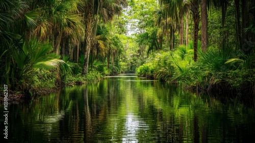 Lush Tropical Waterway Surrounded by Verdant Foliage
