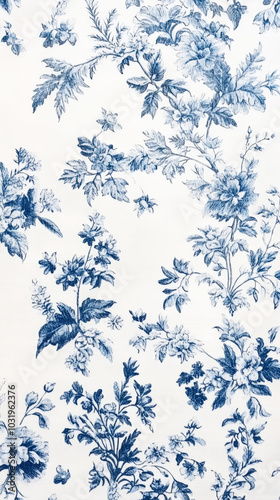 Aesthetic invitation template on tender toile de jouy vintage floral pattern in blue and white, top view. Generative AI