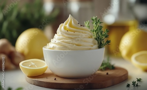 Creamy lemon herb butter garnished with fresh thyme on a wooden board in a br...