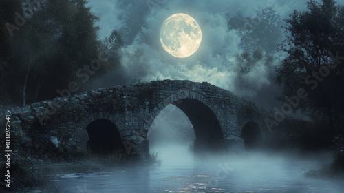 A full moon illuminating an ancient stone bridge, with mist rolling over the water below.