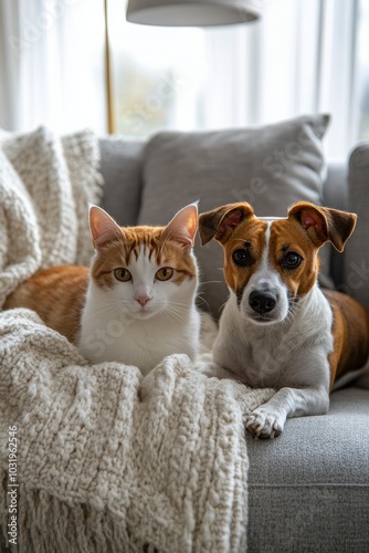 A cat and dog relaxing together on a cozy couch in a warmly lit living room