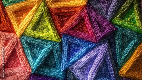 A striking geometric background with equilateral triangles made of rainbow-colored thread, layered from the edges inward and repeated across the surface