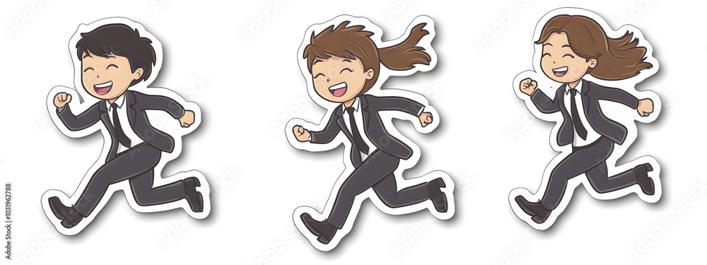 Obraz premium A cartoon sticker of three office workers, one male and two females, all wearing business attire and smiling while running with excitement
