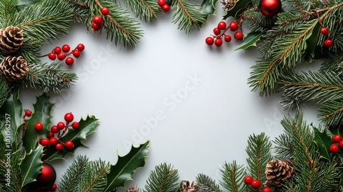 A blank card surrounded by festive pine branches and seasonal decorations for...