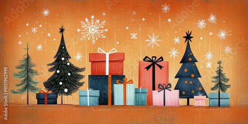 Colorful Christmas gifts and trees adorn a festive scene with vibrant decorat...